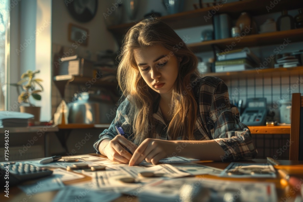 Young Woman Calculating Finances, Concerned Expression Amidst Bills and Calculators Young Woman Calculating Finances, Concerned Expression Amidst Bills and Calculators