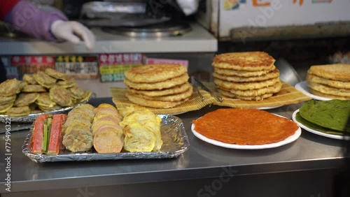 Korean market gwangjang market munk bean pancakes and fried stuffs sausage Korea street food photo