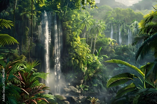 Vibrant rainforest Towering trees and dense foliage create a lively scene