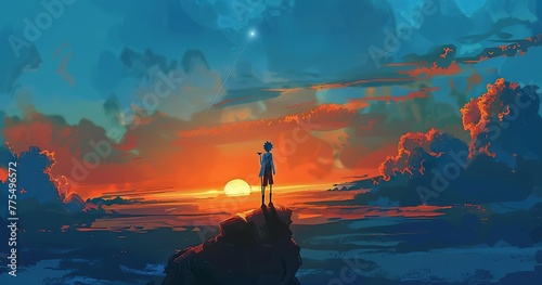 cool adventure, sunrise, cool view, kick scooters, rick and morty style, art, rick 