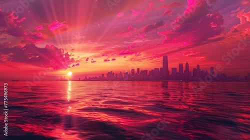 A vibrant sunset paints the sky in hues of pink and orange as the citys skyline stands tall against the peaceful backdrop of the glittering ocean symbolizing the harmonious #775496973