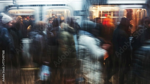 Commuters standing next to a train at a bustling subway station