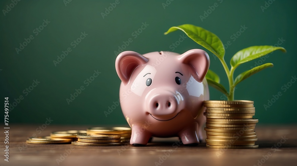 Φωτογραφία Smiling pink pig piggy bank, a stack of gold coins and a green plant growing, isolated on green background