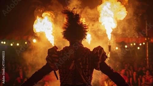 A performer in a tattered circus costume facing away from the camera as they prepare to put on a spooky fireeating show for the audience. . . photo