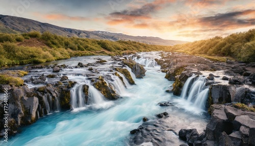 wonderful summer view of bruarfoss waterfall secluded spot with cascading blue waters great sunset in iceland europe beauty of nature concept background © Adrian