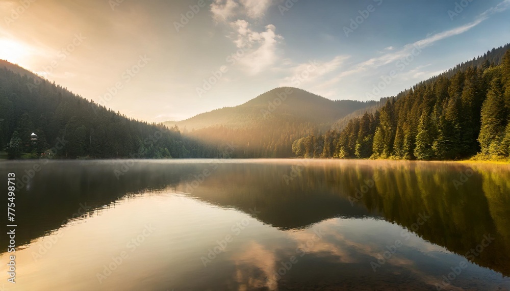 spectacular morning view of lacu rosu lake misty summer scene of harghita county romania europe beauty of nature concept background