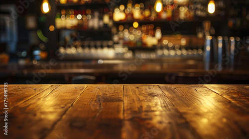 Wallpaper Mural Empty wooden table and countertop with blurred bar background for product placement design Torontodigital.ca