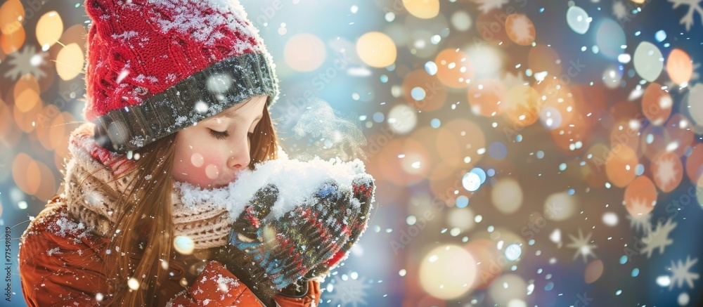 A woman in a red coat and hat blowing snow A woman in a red coat and hat blowing snow