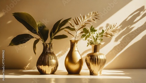 jolis vases decoratifs avec plante et feuilles sur fond clair arriere plan beige sobre elegant pour conception et creation graphique photo