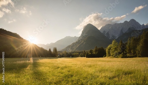 green grass field near mountain on sunny day in zgornje jezersko kranj slovenia photo
