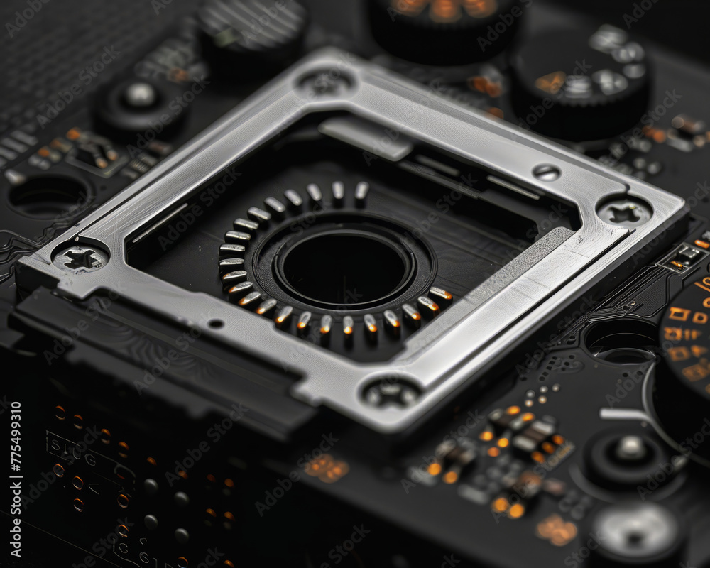 Close-up of a camera lens on a circuit board, technology or electronics-related. Close-up of a camera lens on a circuit board, technology or electronics-related.