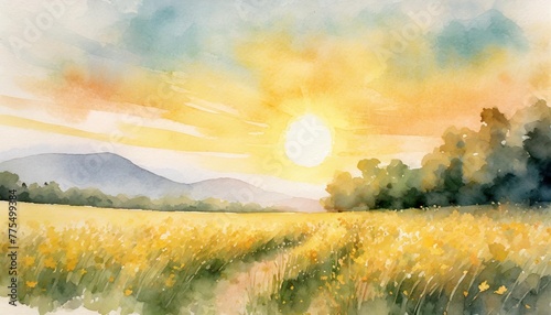 ai generated ai generative watercolor ink drawing painting field meadow sun nature outdoor landscape background graphic art