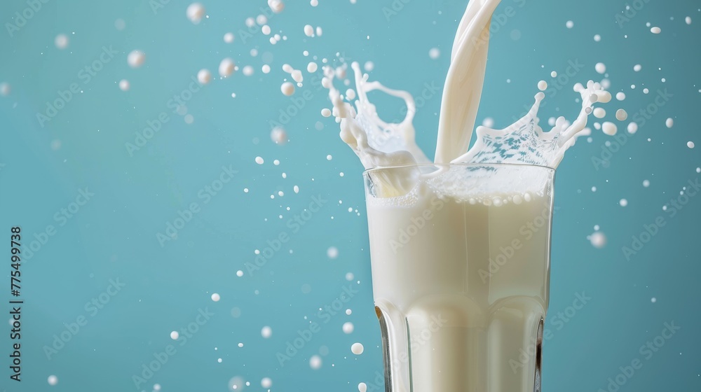 Fresh milk into the glass on light blue background.
