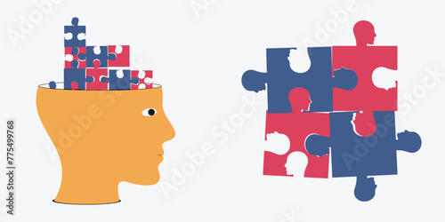 Mental health disorder, illness, brain development medical treatment concept jigsaw vector illustration.