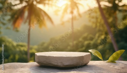 stone podium table top outdoors blur tropical forest plant nature background beauty cosmetic healthy natural product placement pedestal display spring or summer jungle paradise