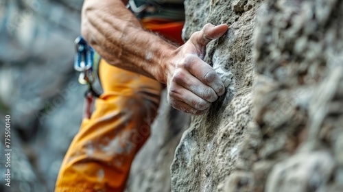 A man is gripping onto rugged rocks as he climbs up the side of a mountain. Climbing school concept.