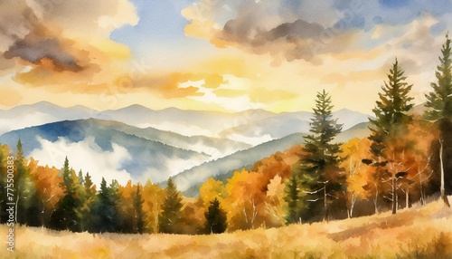 watercolor style scenic autumn fall landscape pine forest trees panoramic vista gorgeous clouds and mountain hills tranquil and peaceful outdoor nature art