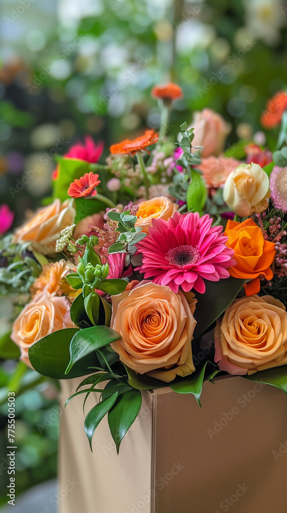 A box filled with various vibrant flowers of different colors, creating a diverse and colorful bouquet. Flower delivery concept. A box filled with various vibrant flowers of different colors, creating a diverse and colorful bouquet. Flower delivery concept.
