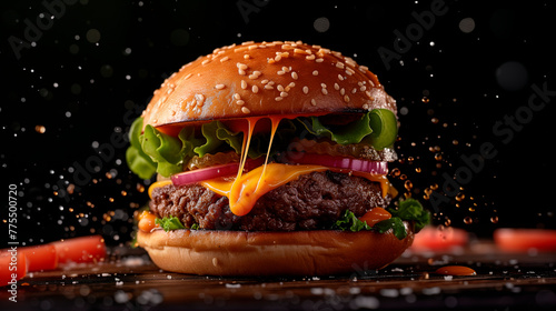 Indulge in Flavor: Succulent Burger with Cheese Dripping Culinary Sensation