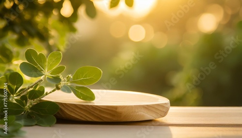 round wooden cut shape for product display with kelor or drumstick tree moringa oleifera green leaves backlight shot photo