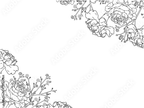 カーネーションとかすみ草の線画フレーム②ななめ