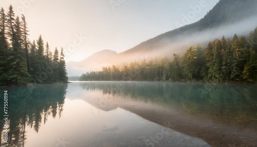 misty serene forest by an emerald lake in canada © Kristopher