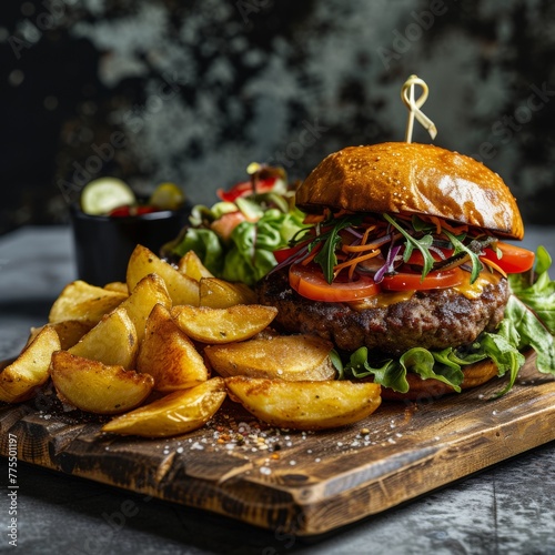 delicious burger meal with wedges and salad 