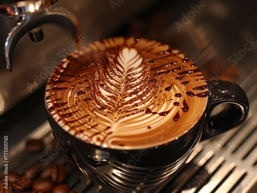Skilled barista pours steamed milk into a coffee cup, crafting a beautiful latte art design photo