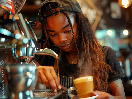Skilled barista pours steamed milk into a coffee cup, crafting a beautiful latte art design photo