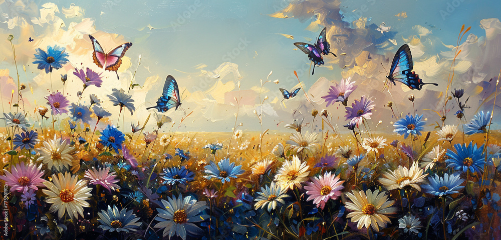 A panoramic view of a lush field of daisy flowers, each bloom meticulously painted with oil colors, with Morpho butterflies gliding gracefully above, their iridescent wings shimmering in the sunlight
