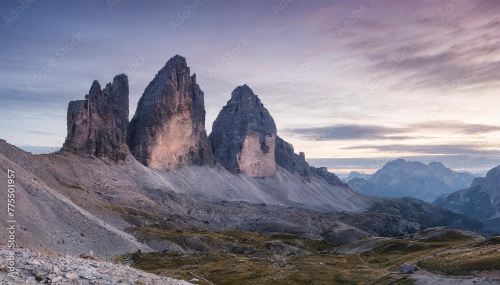 violet sunrise in tre cime di lavaredo national park fantastic morning view of dolomite alps auronzo location italy europe beauty of nature concept background