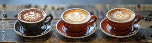 Skilled barista pours steamed milk into a coffee cup, crafting a beautiful latte art design photo