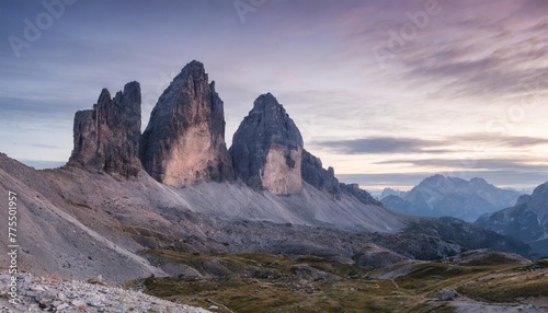 violet sunrise in tre cime di lavaredo national park fantastic morning view of dolomite alps auronzo location italy europe beauty of nature concept background