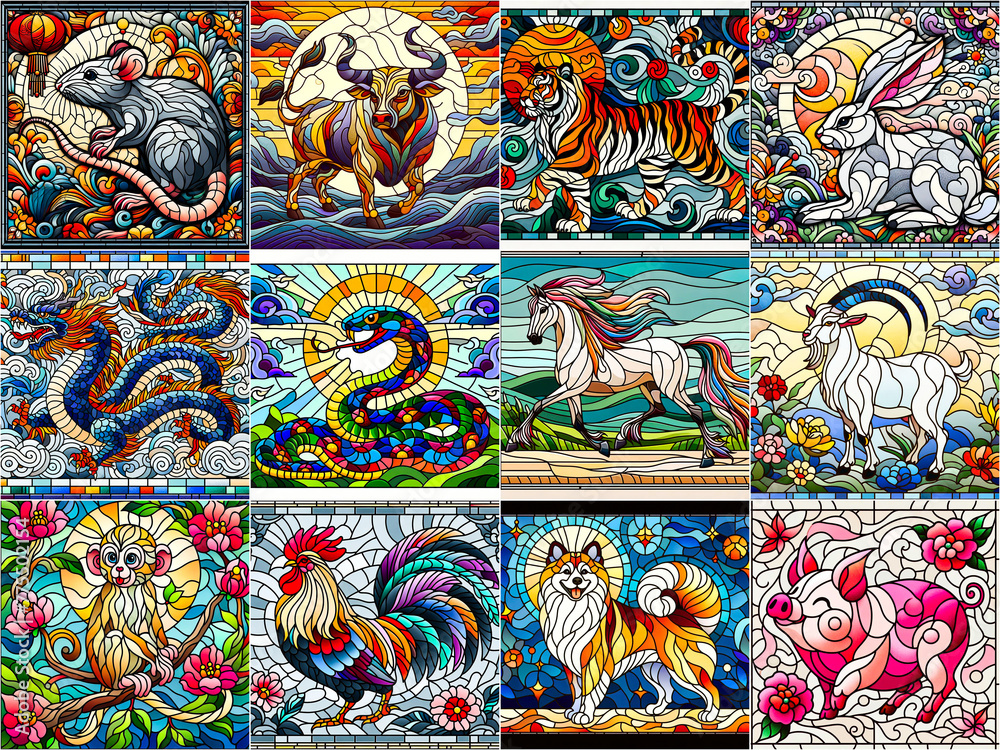 Celestial Harmony: Stained Glass Chinese Zodiacs Shine in Individual Square Tiles (rat, ox, tiger, rabbit, dragon, snake, horse, goat, monkey, rooster, dog, pig)