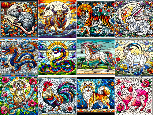 Celestial Harmony  Stained Glass Chinese Zodiacs Shine in Individual Square Tiles  rat  ox  tiger  rabbit  dragon  snake  horse  goat  monkey  rooster  dog  pig 