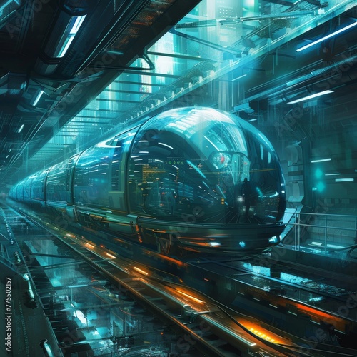 futuristic subway system in Neurograd, with sleek trains whizzing through transparent tunnels Job ID: f9d0cf2a-a965-460f-8c93-6be029764b6d