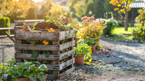 Sunlit compost bin in a community garden, surrounded by flourishing plants and vegetation. Background. Copy space. photo