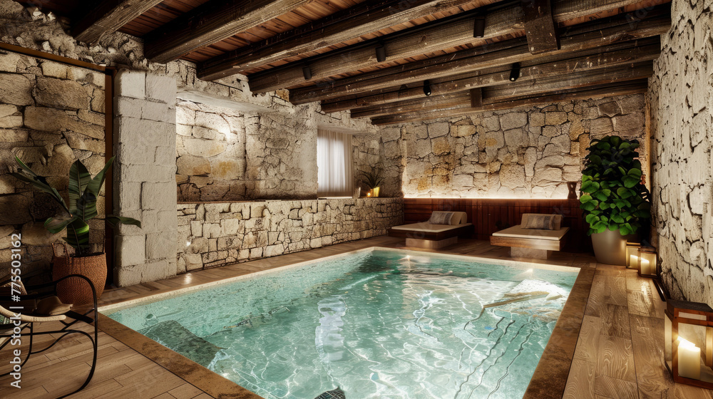 Cozy indoor pool inside a stone building, illuminated by warm lighting