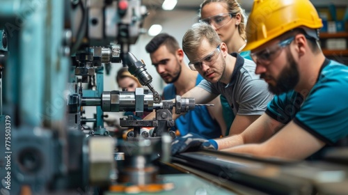 A group of workers gathering around a machine intently focused as they adjust settings and calibrate precision tools for maximum efficiency. . .