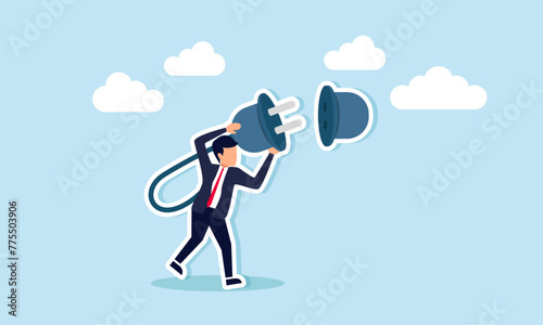 Recharge, refresh, recover after exhaustion restore energy, refill motivation, concept of Exhausted businessman plugs in to recharge energy