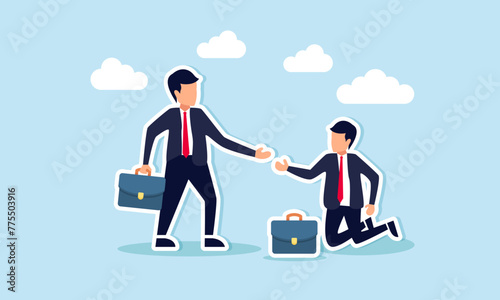 Offering kindness in times of crisis, aiding recovery in career or workplace, concept of Businessman extends helping hand to lift fallen partner