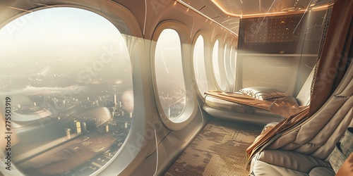 Airship cabin detail in flight, clear windows showing skyline, soft interior light, intimate and cozy feel 