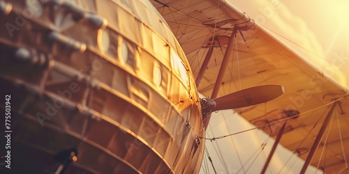 Historic airship close-up with propellers in motion  vintage effect  early morning light  adventurous spirit 