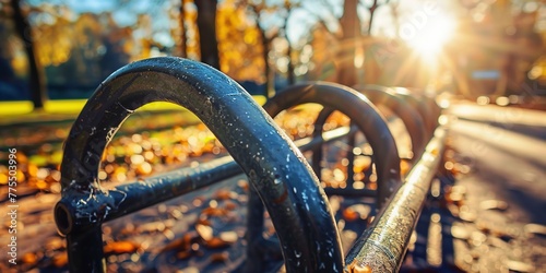 Bicycle rack in a sunny park, bright daylight, macro lens for texture detail, cheerful and lively vibe 