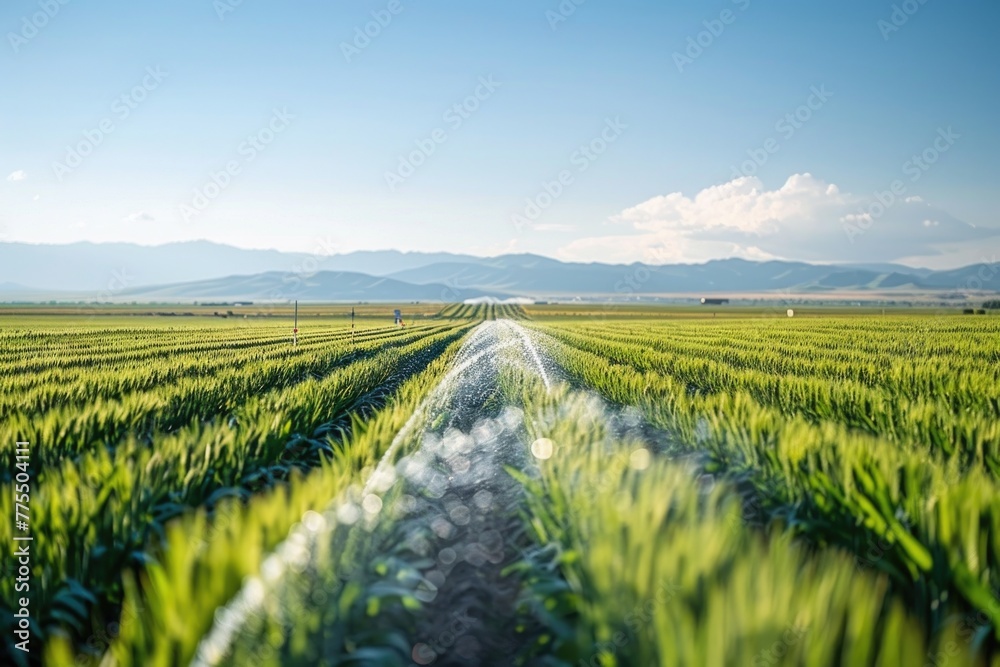 Sprawling farmland with a vibrant green crop field, an irrigation system glistening under the vast sky.