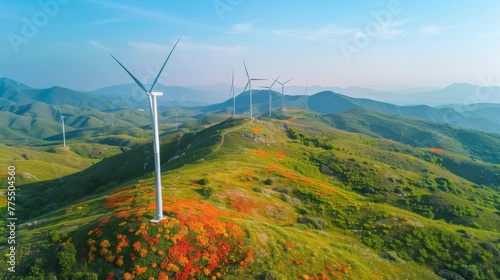 Wind turbines towering over a vibrant wildflower bloom on rolling green hills under a clear blue sky.