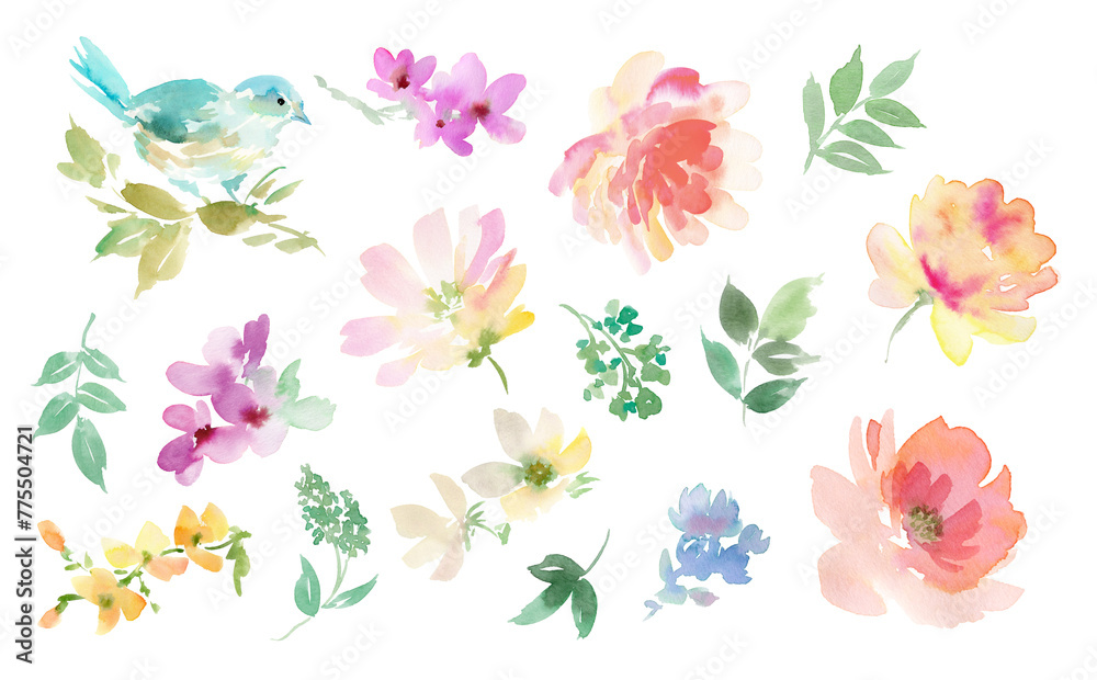 Watercolor Illustration Set of Peonies, Wildflowers, and a Blue Bird for Background	
