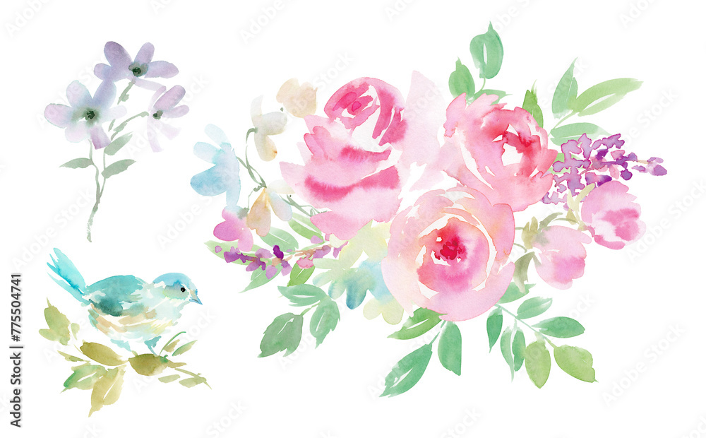 Watercolor Illustration Set of Roses, Wildflowers, and a Blue Bird for Background

