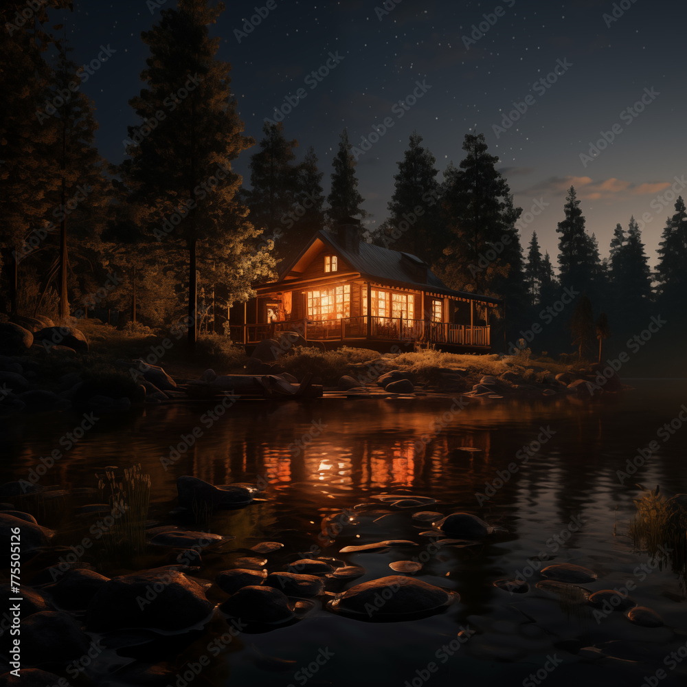 Fototapeta premium Hunt Camp night scene with campfire light ~ Created using generative AI