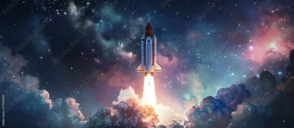 Naklejka premium A space shuttle launching in the sky amidst clouds and stars